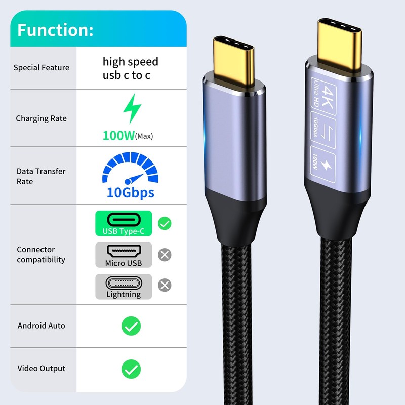 USB C to USB C Data Cable 3.3FT, 100W USB C-C Cable, 20V5A Fast Charging PD U... gallery