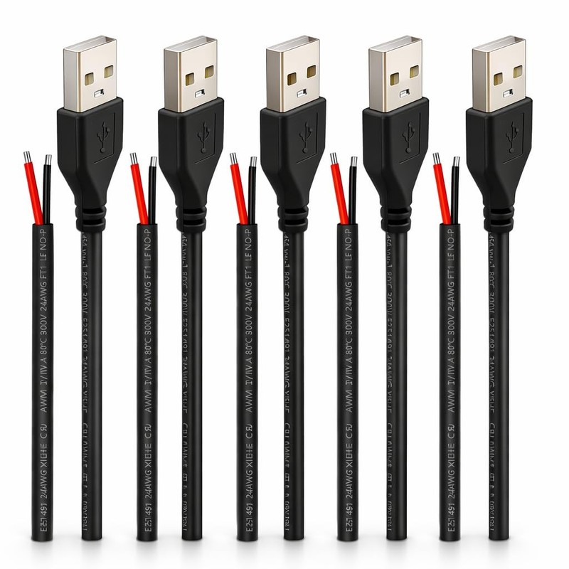 5 PCS USB Pigtail Power Cable Wire 1.64ft 24AWG 2A 5V Bare Open End Copper
