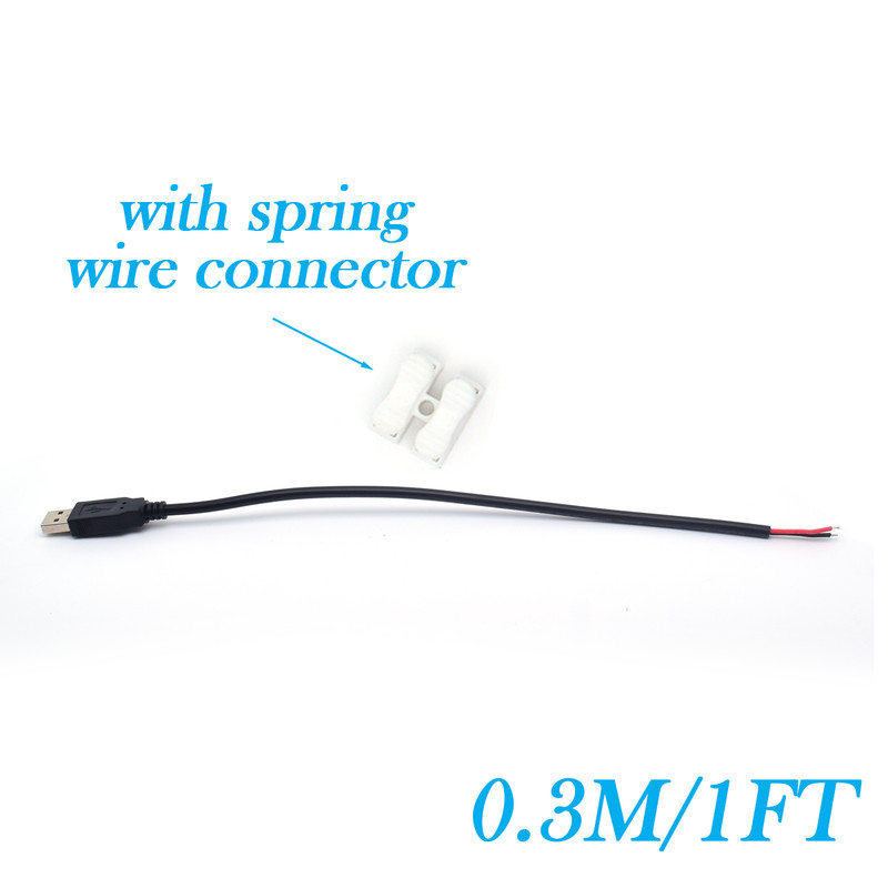 1x USB2.0 Male Pigtail Cable 18AWG 0.3M/1FT 5V7A 2-Pin Bare Wire DIY Connector