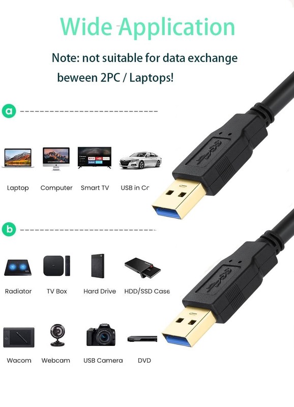 12FT Black USB 3.0 Male To Male Cable Type A 5 Gbps Double Cord Scanner gallery