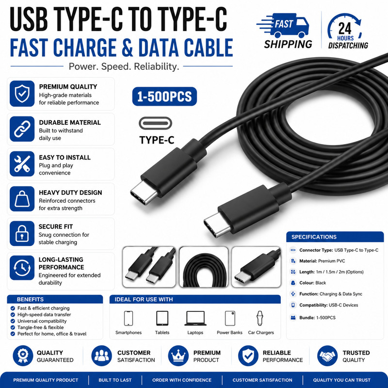USB-C to USB C Type-C Fast Charging Data SYNC Charger Cable Cord 3 ft