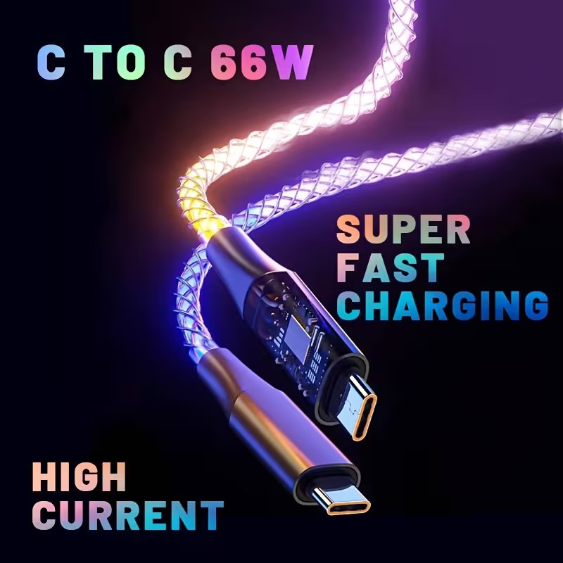 Fast Charging USB C to USB Type C Luminous RGB Nylon Braided Data Cable 3ft