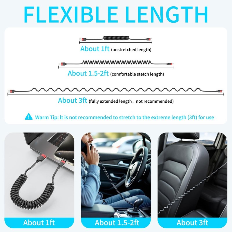 Coiled USB C Cable for Car, 2 Pack Type C Coiled Cable Fast Charging, USB to US gallery