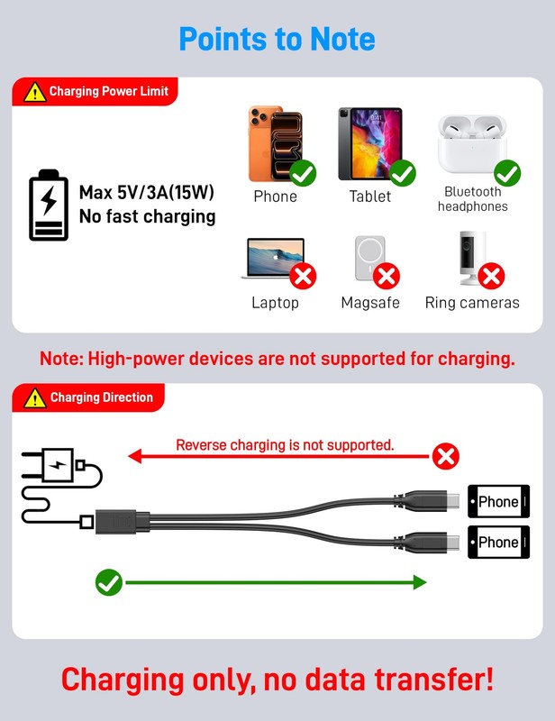 USB C Splitter 1 In 2 Out Dual Type C Y Cable Power Charging Adapter Extender gallery