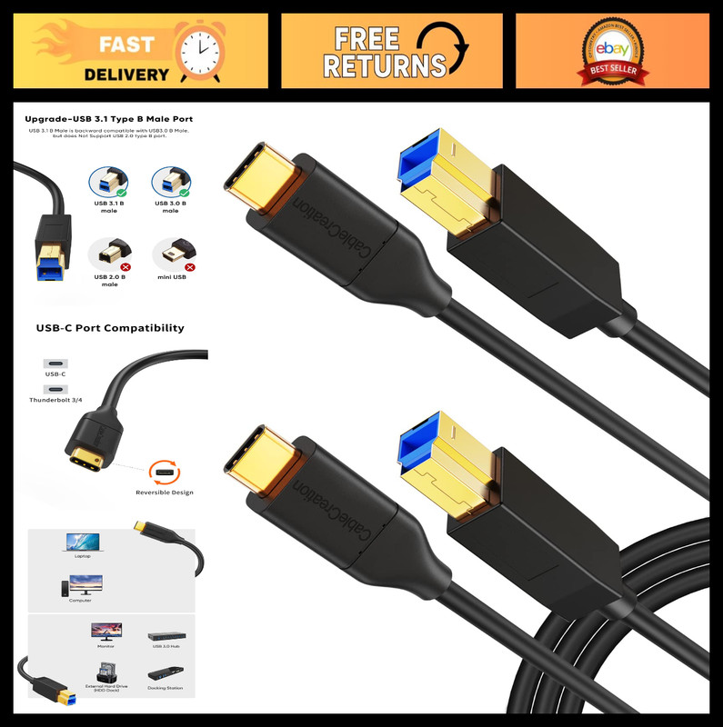 USB 3.1 Type C to B Cable 4FT 2-Pack, 10Gbps for MacBook, Printer, Hard Drive, S