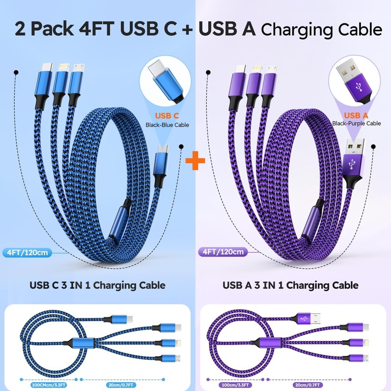 Multi Charging Cable 2Pack 4FT 3-in-1 USB-A/C Universal Cord Phone Use gallery