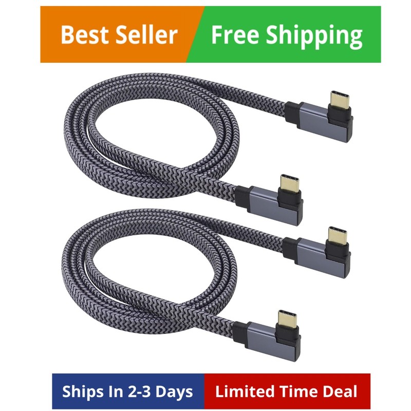 2Pack Right&Left Angle Braided Cable,60W 3A 90 Degree Tpye C USB 3.1 Gen2 Mal...