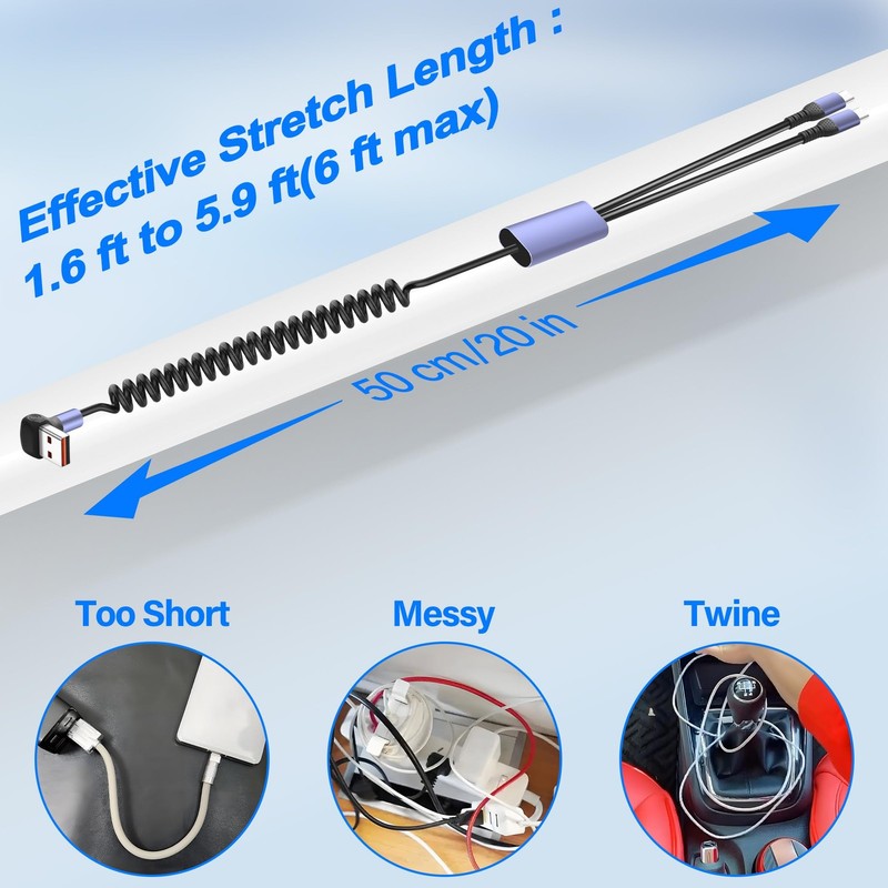 Coiled Multi USB Charging Cable 2 in 1 Type C Port 90 Degree Splitter 5.9FT gallery