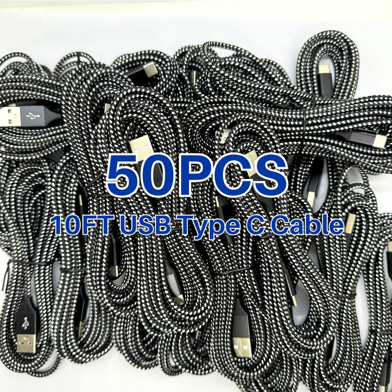50Pack Braided USB C Type-C Fast Charging Data SYNC Charger Cable Cord 10Ft Lot