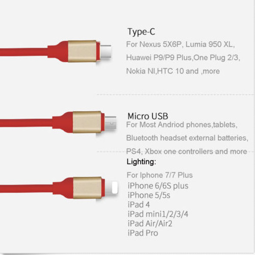 3 in1 Micro USB/Type C/iphone IOS Multi-Function Charger Cord~3FT Black gallery