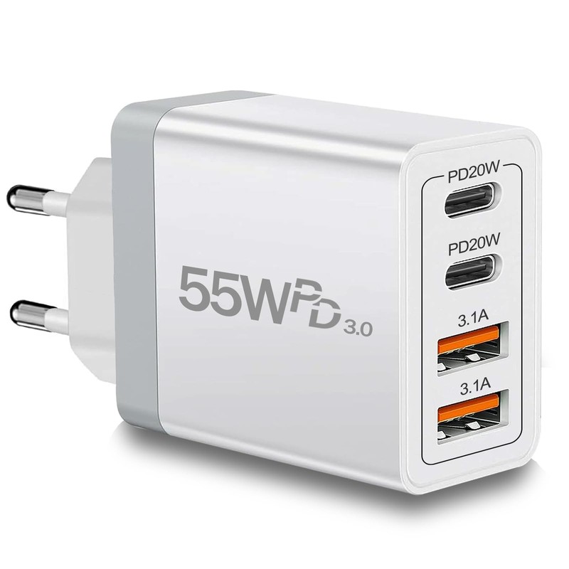 European Travel Plug Adapter USB C 55W 4-Port Fast Charger USA to Europe