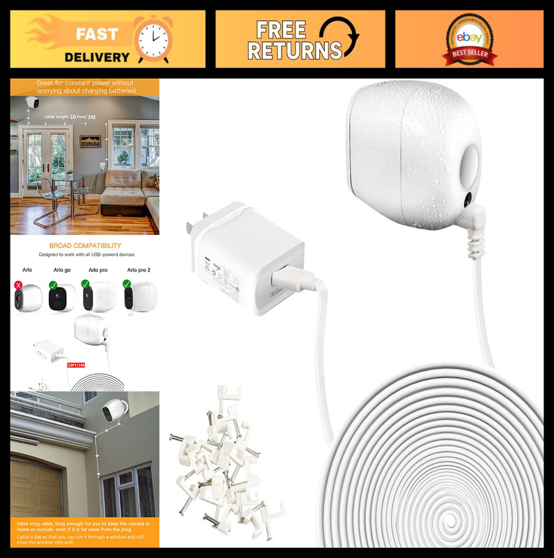10ft Power Cable & Charger Adapter for Arlo Pro, Pro 2, Go – Weatherproof Indoor