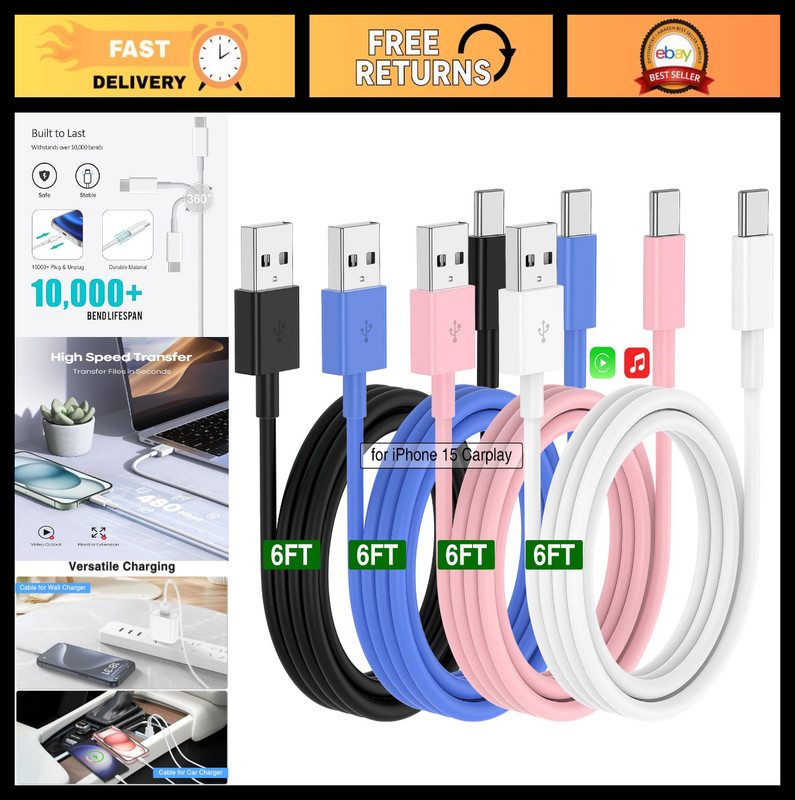 iPhone CarPlay Cable 4-Pack, 6FT USB A to C Charger Cord for iPhone 17/16/15, Fa