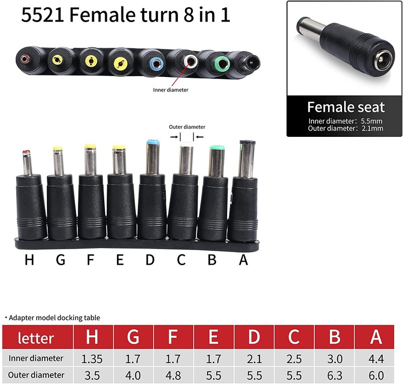 5.5x2.1mm Female to Male Interfaces 8in1 Power Adapters for ASUS / DELL Notebook gallery