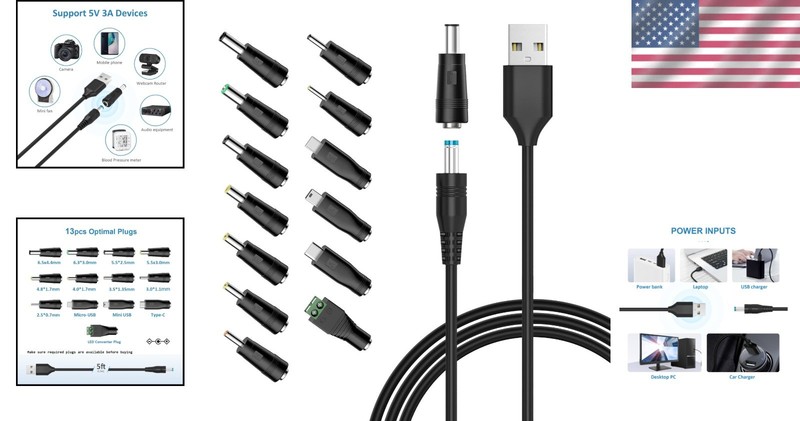 5V Universal USB to DC Power Cable with 13 Adapters – Tangle-Free 5ft Solution gallery