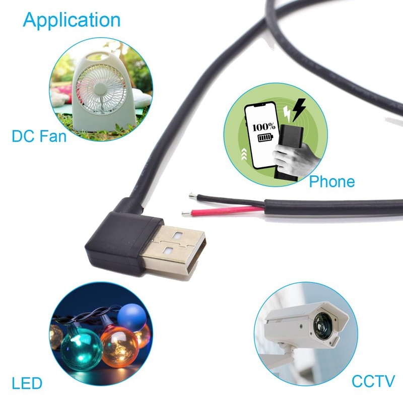 3 PCS 90 Degree USB 2.0 Male Plug 2 Pin Bare Wire Pigtail Cable 3.3 FT 5V 5A gallery