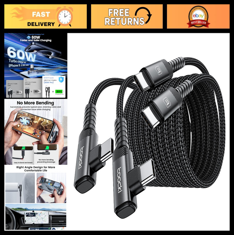 10ft USB C to USB C Charger Cable 60W - Right Angle Fast Charging Cord, 2-Pack f