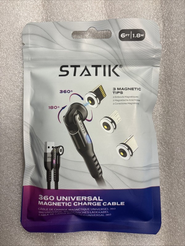 Statik 360 Rot. Universal Magnetic Charging Cable 6ft/1.8m with 3 Magnetic Tips