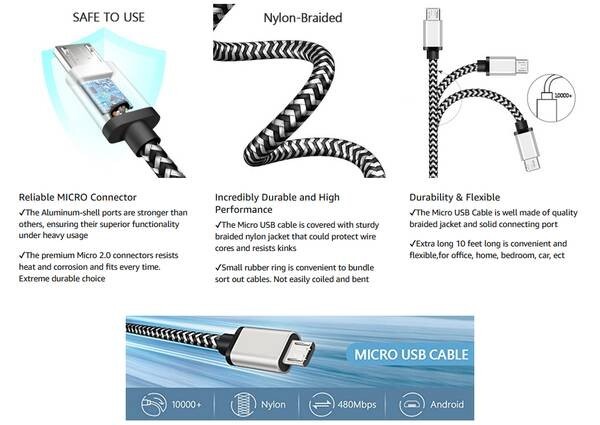 (1x) White Braided 10ft USB Cable Rapid Charger Sync Wire Data Sync (FVS025798) gallery