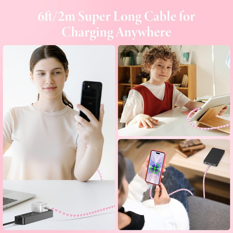 USB C to C Cable 6FT 60W PD Fast Charging Beaded Charger Cord Cute Pink gallery