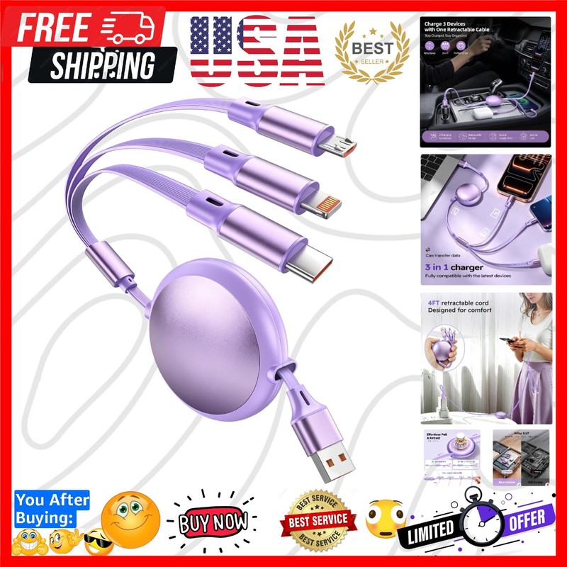 Multi Charging Cable, 3-in-1 Retractable Chargers for Multiple Devices Cord