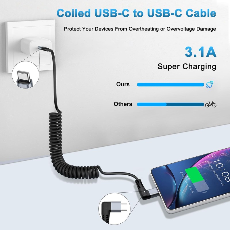 Coiled USB Cable - USB to USB Right Angle Cable for Car 100W 90 Degree -Fast ... gallery
