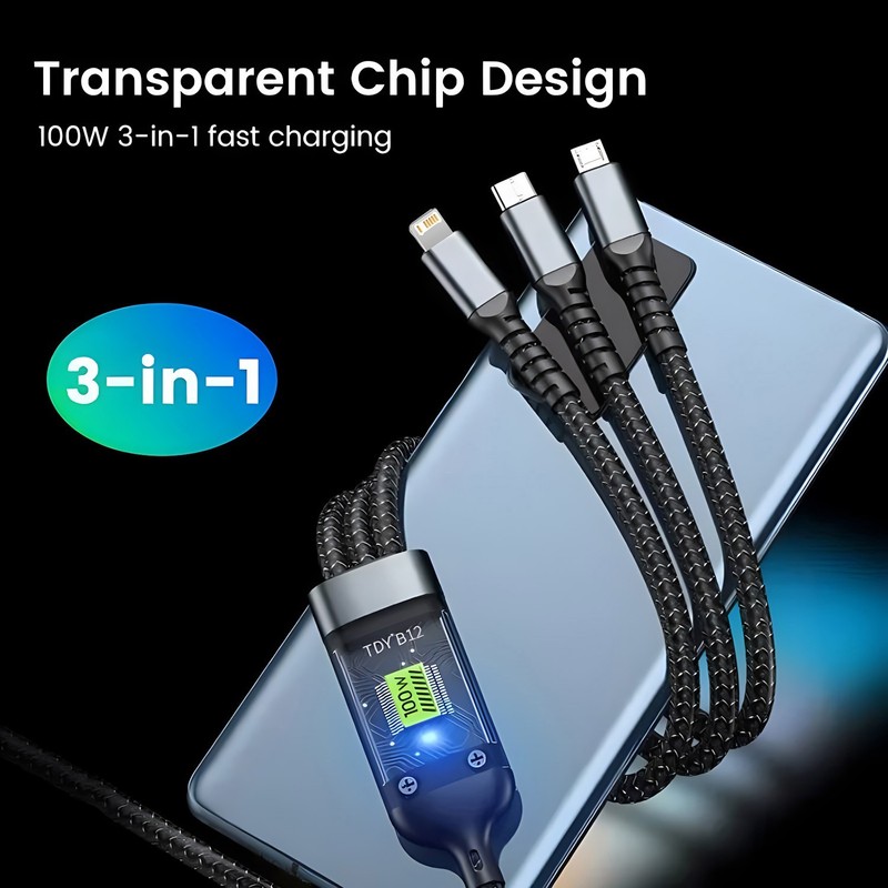 100W Fast Charging Cable 3 in 1 Charging Cord Adapter with Type-C Micro gallery
