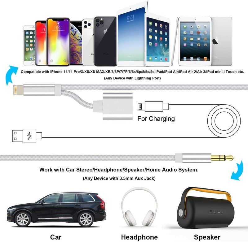 AUX and Charger Cable 2in1 Nylon Braided 3.5mm Headphone Jack Adapter for iPhone gallery