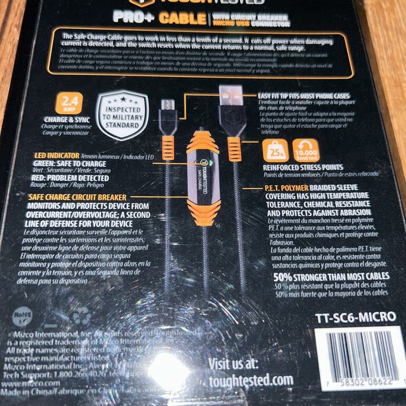 ToughTested Pro+ Safe Charge Micro USB Cable 4ft w/ Circuit Breaker QC2.0 gallery
