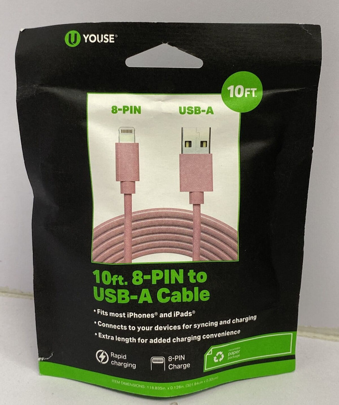 U Youse 10 Ft. 8 Pin to USB A Cable – Pink