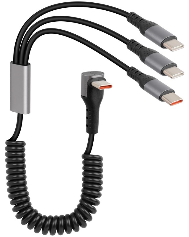3 in 1 Coiled USB C To C Cable Right Angle Splitter 66W/5Gbps Retractable