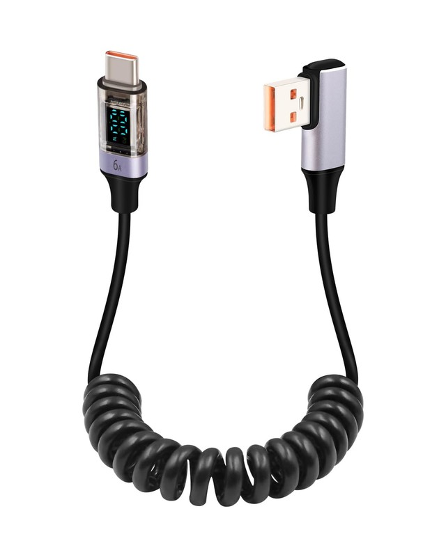 Coiled USB to USB C Cable with LED Display, 90 Degree 66W Fast Charging Retra…