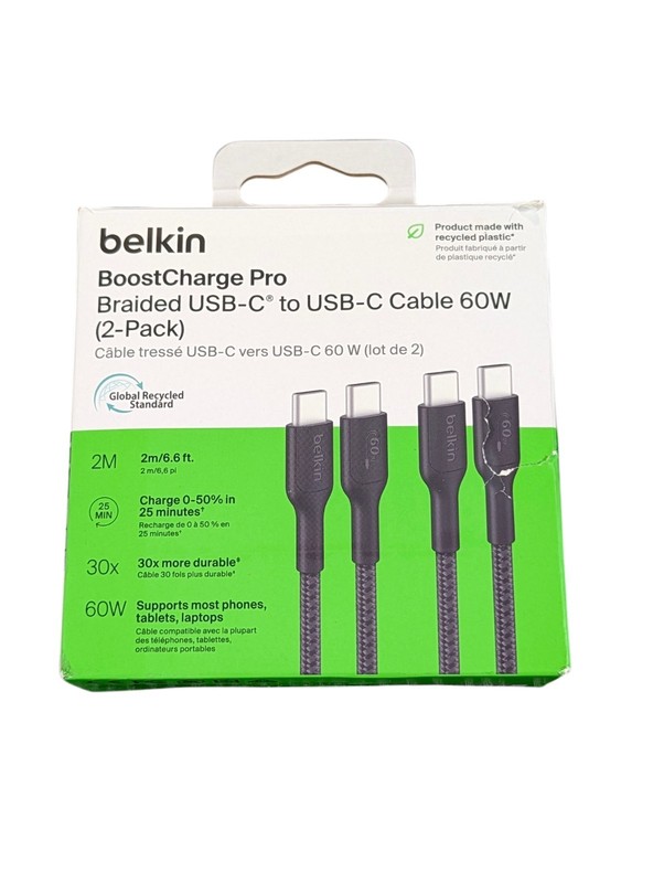 Cc8O Belkin BoostCharge Pro Braided 60W USB-C to USB-C 6.6 ft - Black (2 Pack)