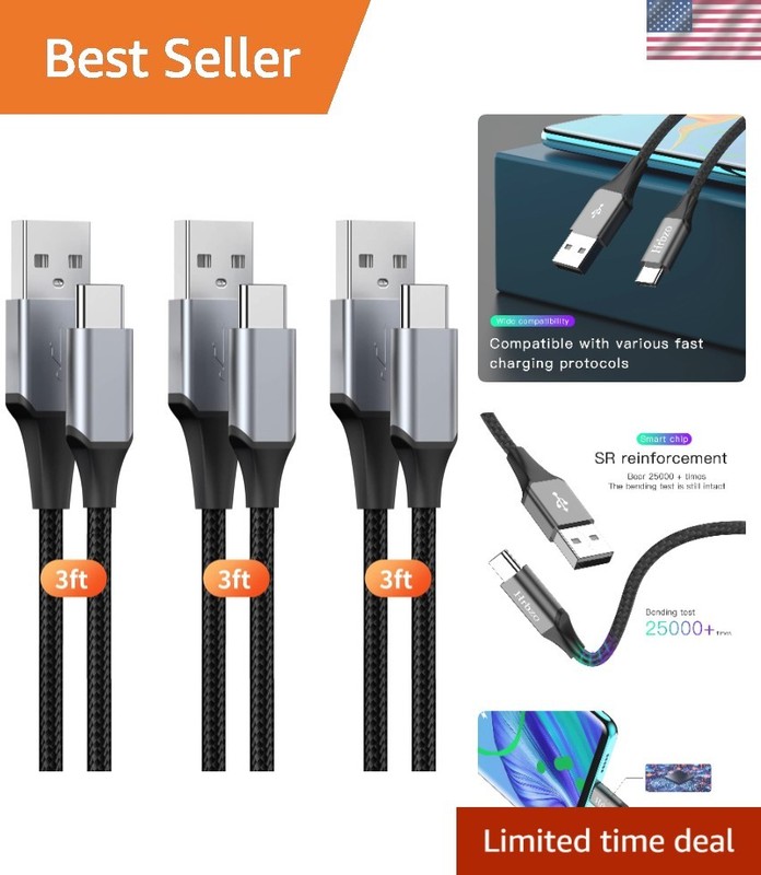 USB-C Charger Cable 3-Pack - 3A Fast Charge, 9 Feet Total Length, Durable Design