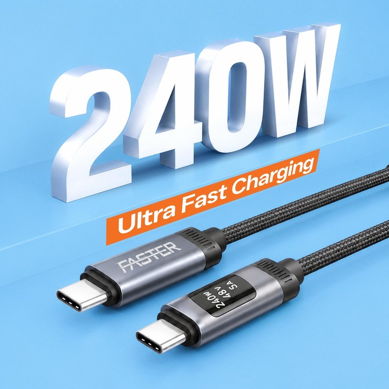 FASTER D8 240W USB-C to USB-C Cable 1.2m, 3.9 ft, OLED Display, 480 Mbps gallery