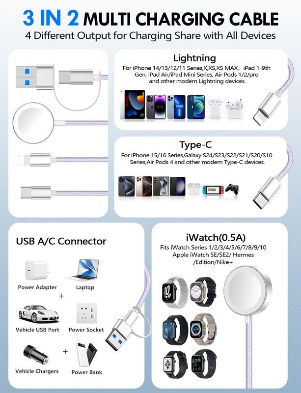 Purple 3 in 2 Multi Charging Cable Travel Essentials gallery