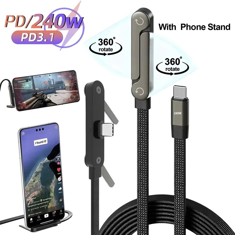 1/2/5X 2in1 5ft 240W USB-C Braided Fast Charging Data Cable&Hidden Phone Holder