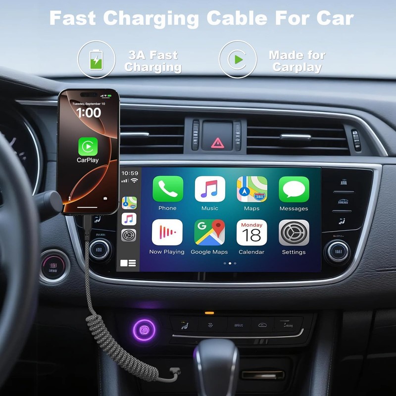 Coiled Carplay Car Charger Fast Charging, [2-Pack, 3ft] Retractable Braid USB... gallery