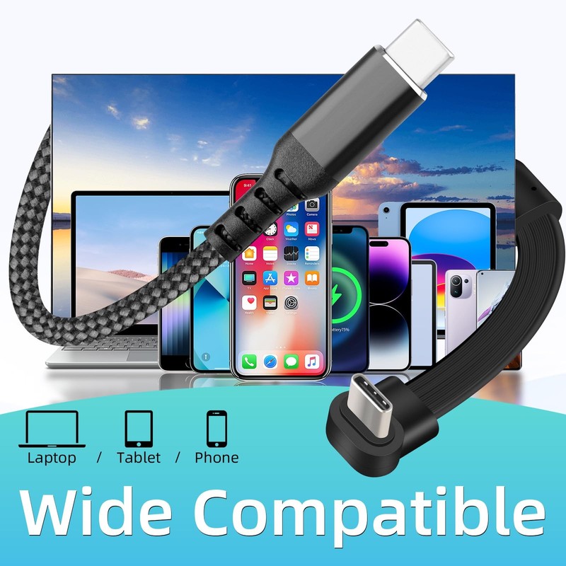 90 Degree Flat USB C Cable 3FT PD 60W Right Angle Nylon Braided Fast Charging gallery