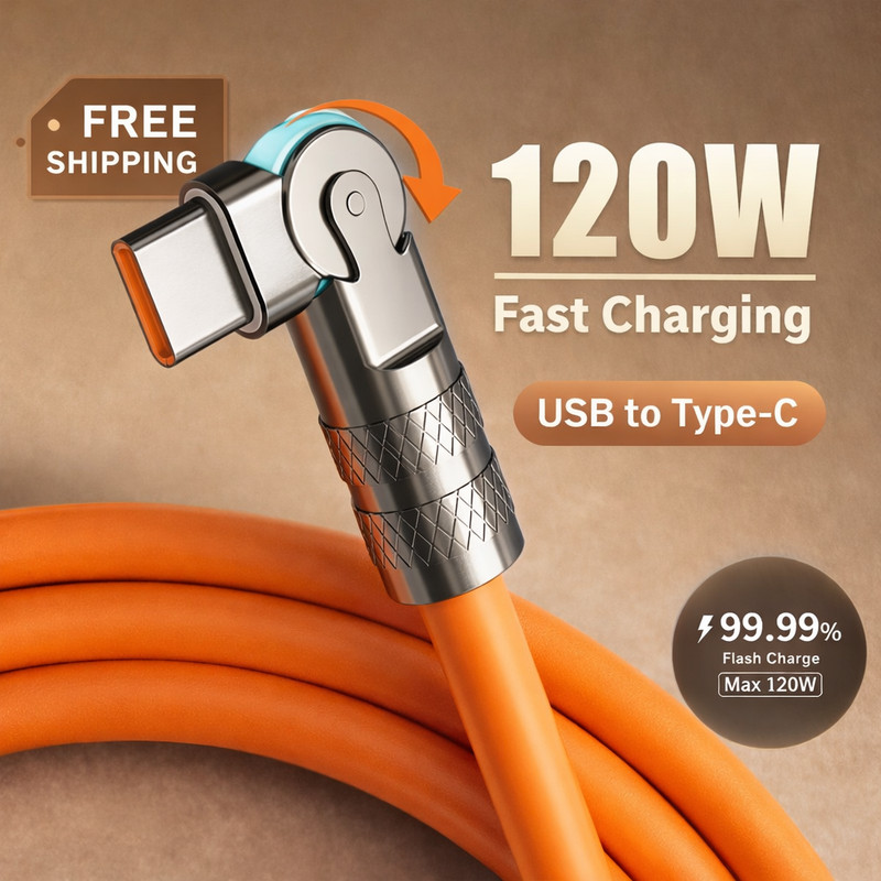 120W USB Type C Fast Charge Cable 180° Rotating Elbow 6mm/0.24"Silicone 1/1.5/2m