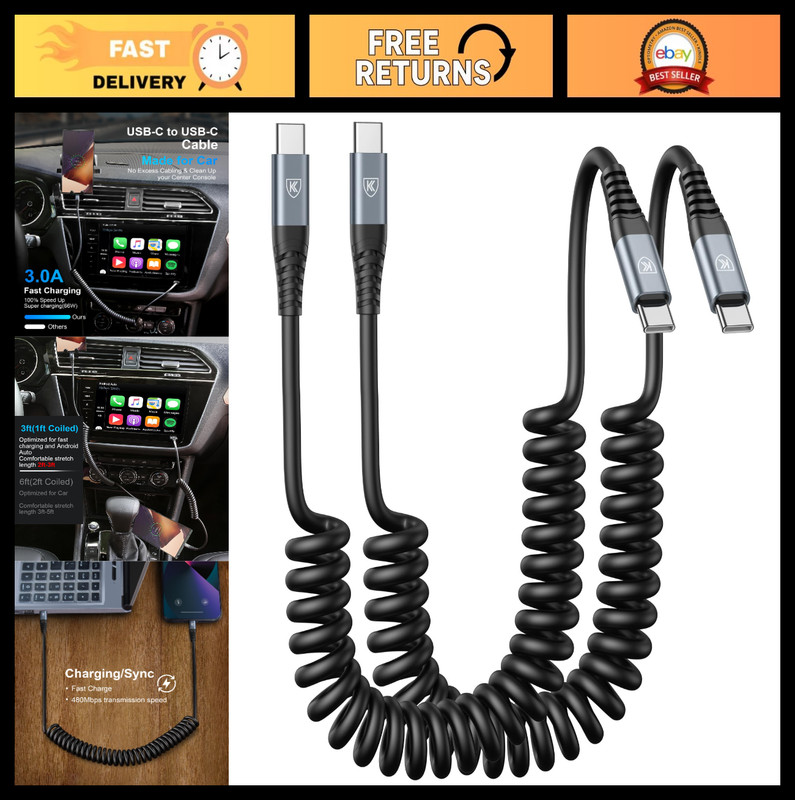 Coiled USB C to C Charger Cable 3ft 2-Pack, Fast Charging for iPhone & Samsung G