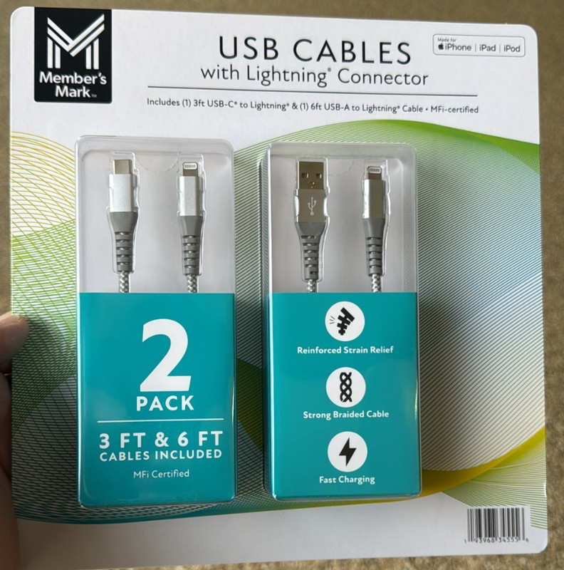 Member's Mark USB Type A to 8 Pin 3ft and 6ft Cables - 2 Pack For iPhone.
