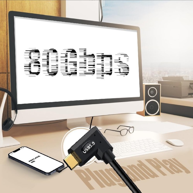 3.3 Ft USB 5.0 Type C Cable 80Gbps 240W Straight To Up Down Angle Male gallery