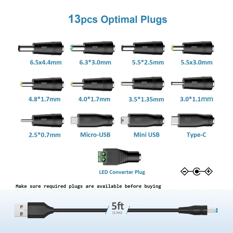 5V Universal DC Power Cable, USB to DC Charging Cord with 13Pcs Adapter Plugs fo gallery