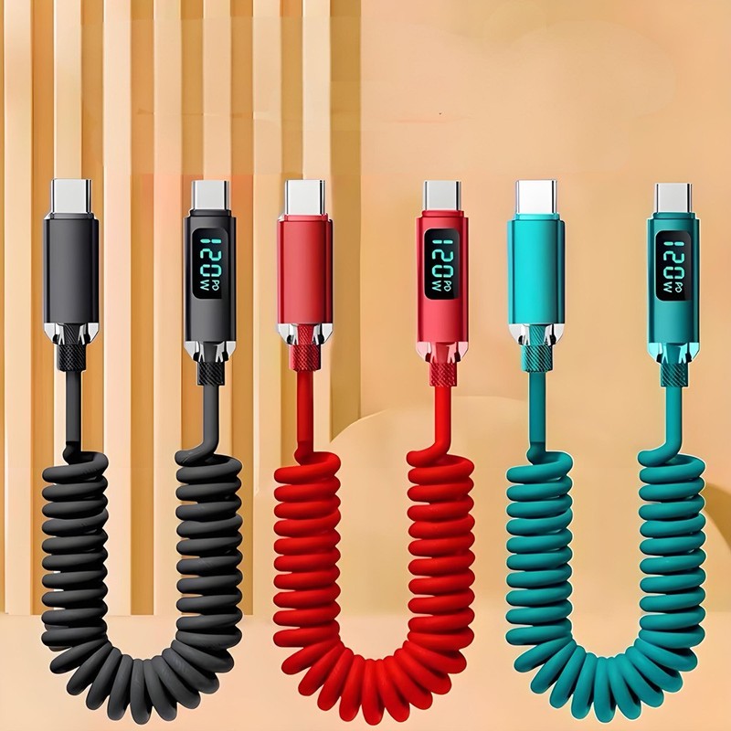 PD 120W 2.0 USB Male to Type-C Spring Coiled Data Charging Cable Digital Display gallery