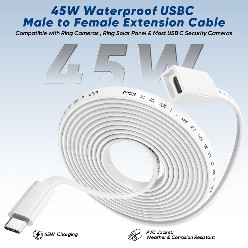 USB Extension Cable 10ft for Ring Solar Panel & , 45W Charging Waterproof Ext... gallery