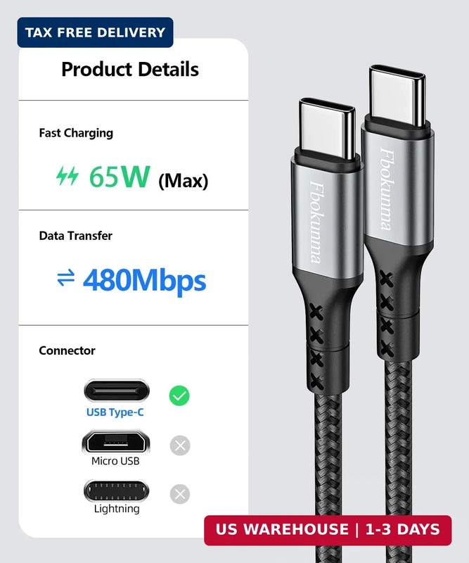 20inch Short USB C to USB C Cable, 3-Pack 1.6FT 65W Charger Cable PD Fast Chargi gallery
