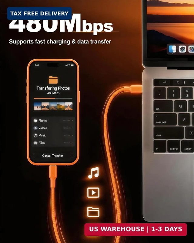 Short USB C to USB C Cable 1FT 2-Pack, 240W Orange Braided USB Type C Fast Charg gallery