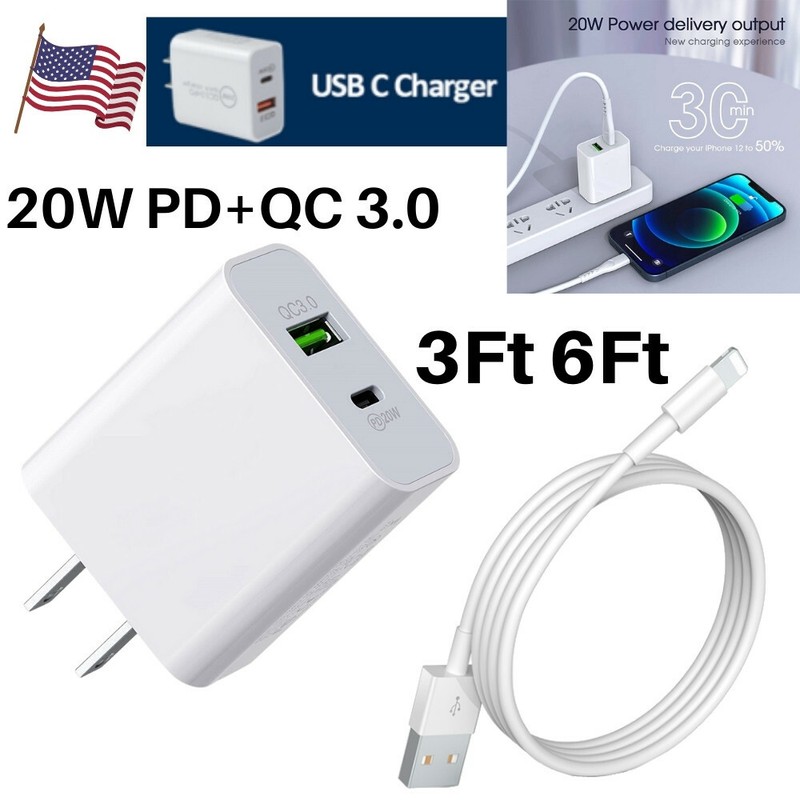 QC 3.0 Fast Wall Charger 20W PD Power Adapter USB Cable For iPhone XR 8 7 6 iPad