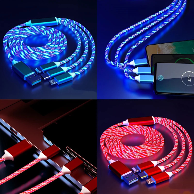 Glowing LED 3 IN 1 Cable For Samsung Xiaomi iPhone Flowing Streamer Light gallery